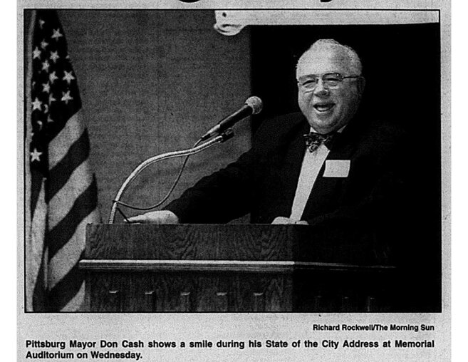 Pittsburg Mayor Don Cash shows a smile during his State of the City Address at Memorial Auditorium, Wednesday, September 16, 1998.