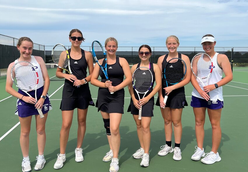 Pittsburg&rsquo;s Savannah Grotheer, Roary Hunziker, Addie McCabe, Bree Huebner, Hayden Turnbull,and Indiana Grotheer played in a triangular match Tuesday at Blue Valley Southwest.