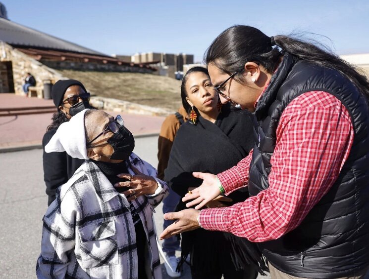 FILE &ndash; Muskogee Freedman descendant Elouise Smith, 91, talks about her heritage with a citizen of the Muscogee Nation outside of the Muscogee Nation court building after a hearing challenging the Muscogee citizenship board on Thursday, Dec. 1, 2022, in Okmulgee, Okla. A judge for the Muscogee (Creek) Nation in Oklahoma ruled late Wednesday in favor of citizenship for two descendants of Black salves once owned by tribal members, potentially paving the way for hundreds of other descendants known as freedman.