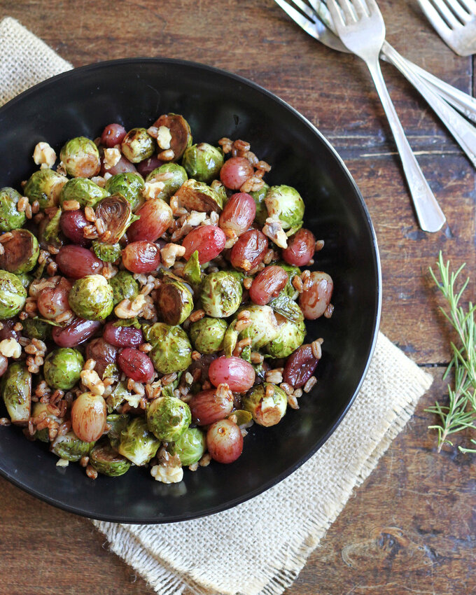 Balsamic Brussels Sprouts With Walnuts and Grapes.