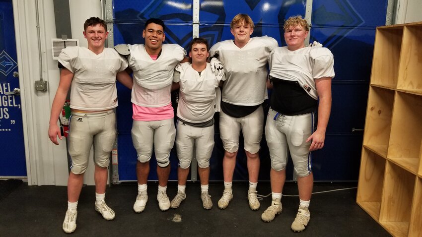 Senior linemen Konnor Ware, Jade Tenry, John Potusek, Tristan Voss and Ethan Hoagland (left to right) have paved the way for St. Mary's Colgan's 11-0 season record. The Panthers play Jefferson County North in a state semifinal game at 7 p.m. Friday at Hutchinson Field.