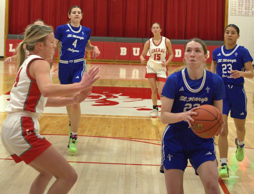 St. Mary&rsquo;s Colgan junior Lanie Meek drives to the basket in the Tony Dubray Classic last Saturday against Liberal.