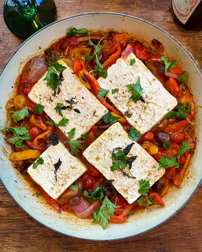 Oven Roasted Feta With Tomatoes, Peppers and Olives