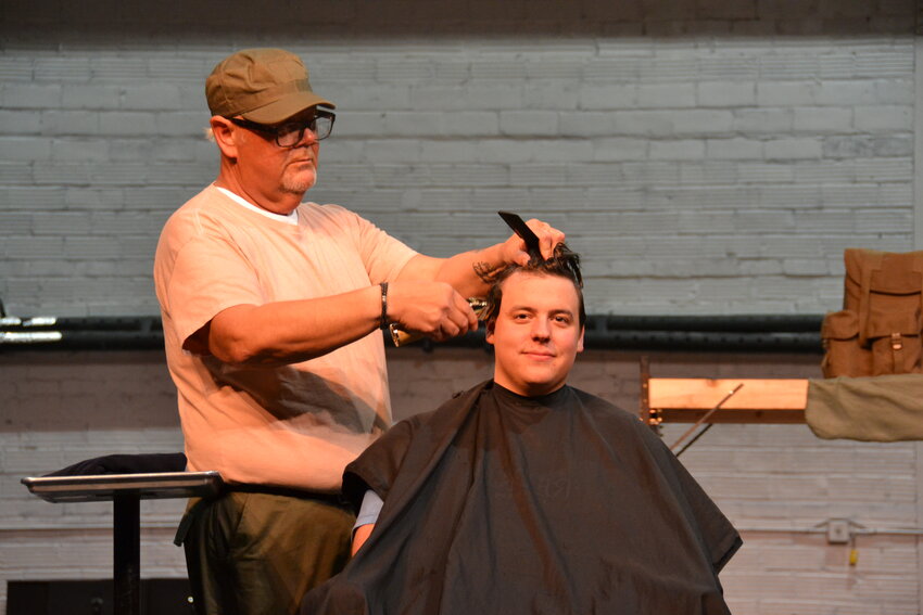 Anthony Saviello, who portrays Private Eugene Morris in Neil Simon&rsquo;s Biloxi Blues, gets his hair cut in a style common to the U.S. military personnel during World War II. All male cast members, as a condition of being cast in the play, had to agree to getting a military haircut.