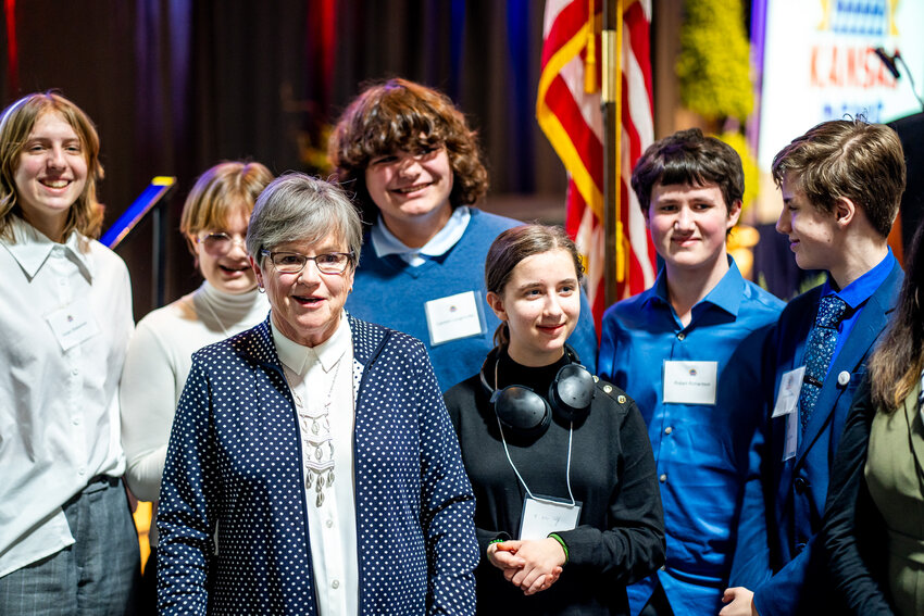 Students from USD 250 pose for a picture with Governor Laura Kelly during Washington Days in Topeka.