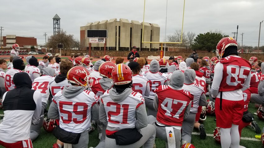 Pittsburg State coach Tom Anthony addresses his team after Tuesday morning's workout that marked the start of spring football practice.