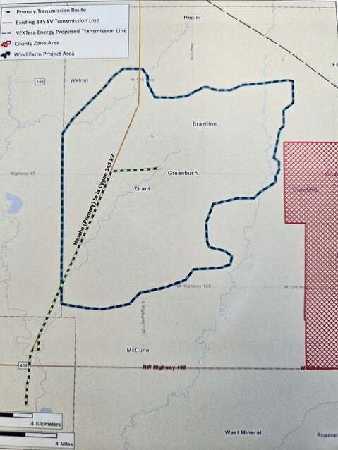 A map of western Crawford County depicting the 25,000-acre footprint of the Katy Wind Project being developed by EDF Renewables. According to EDF representatives, the project has already secured leases on approximately 22,000 acres from 30 landowners.&nbsp;
