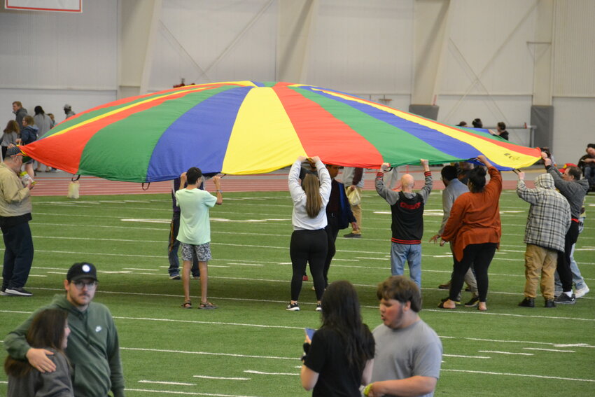 Pitt State students hosted their semi-annual TR-iffic Day at the Plaster Center on Thursday. In partnership with Special Olympics Kansas, Special Olympic athletes get to strut their stuff playing with different apparatus, such as the giant parachute.