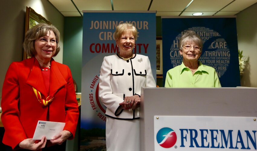 PSU Irene Ransom Bradley School of Nursing Director/Professor Dr. Cheryl Giefer, Freeman Health System CEO Paula Baker, and Freeman Auxiliary Board President Kay Glendenning gather for a photo after Baker handed Giefer a $2,000 check courtesy of the Freeman Auxiliary.