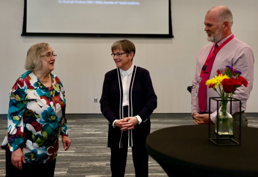 Community Health Center of Southeast Kansas (CHC/SEK) CEO Krista Postai, Governor Laura Kelly, and CHC/SEK President/Chief Strategy Officer Jason Wesco share a laugh during the governor&rsquo;s visit to the John Parolo Education Center on Wednesday.