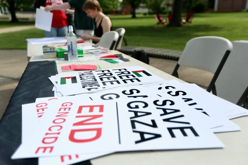 Throughout Wednesday morning and afternoon, students at Pittsburg State University gathered in the Oval on campus in support of Palestine. The Pittsburg State University Democrats and Gorilla Young Democratic Socialists of America held the Palestine solidarity demonstration, offering literature and signage as well as a signup sheet for those in support.