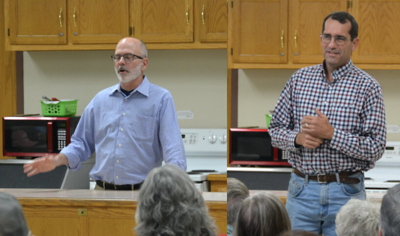 Republican candidates for the Kansas 2nd District in the U.S. House of Representatives, Jeff Kahrs, left, and Derek Schmidt, met with Crawford County Republicans at the Homer Cole Center in Pittsburg on Tuesday evening.