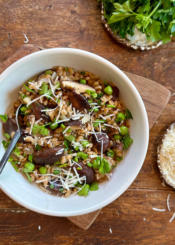 Farrotto With Wild Mushrooms and Peas