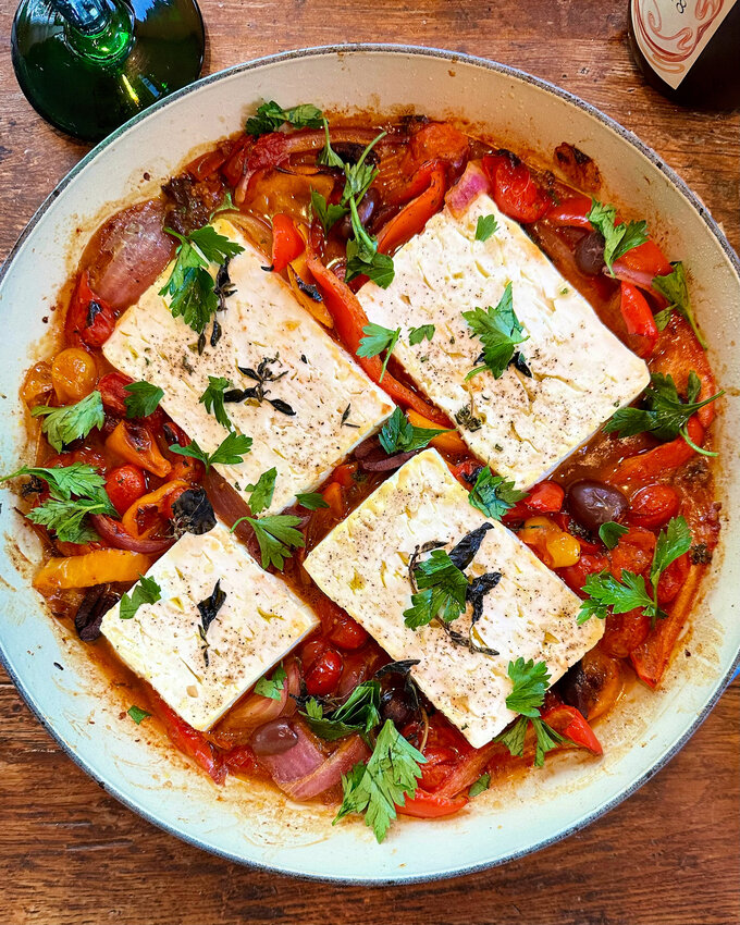 Baked Feta With Blistered Tomatoes, Peppers and Olives &nbsp;