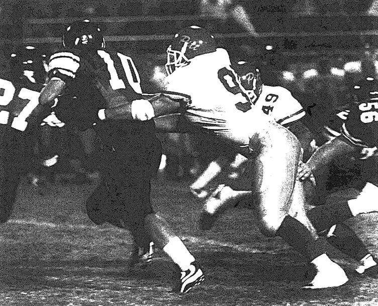 Pittsburg State Defensive lineman Caleb White tackles North Alabama quarterback Tyler Peterson during PSU&rsquo;s 28-21 victory. The PSU defense came up with three interceptions and two fumble recoveries.