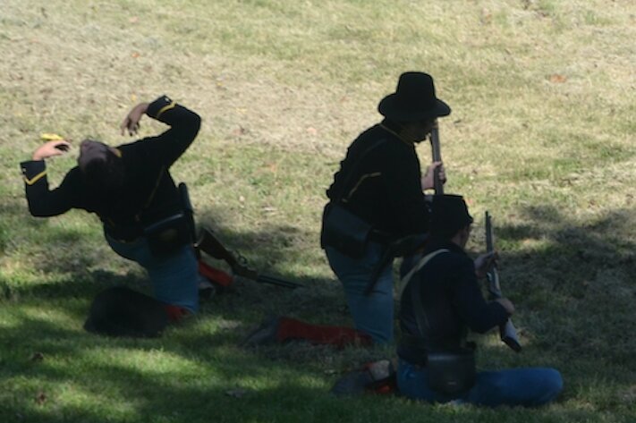 A Union cavalry trooper from the 9th Kansas &ldquo;Redlegs&rdquo; is hit during a skirmish with Confederate ruffians who ambushed the federal troops during last year&rsquo;s battle at the Crawford County Historical Museum.