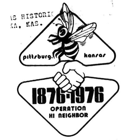 The emblem of &ldquo;Operation Hi, Neighbor&rdquo;. Pittsburg&rsquo;s centennial and bicentennial celebrations will include city-wide block parties every fall and spring through 1976. The logo features the Centennial busy bee as well a handshake highlighting Pittsburg as a friendly city. The logo was designed by J.R. Murley of His Automation in Pittsburg.