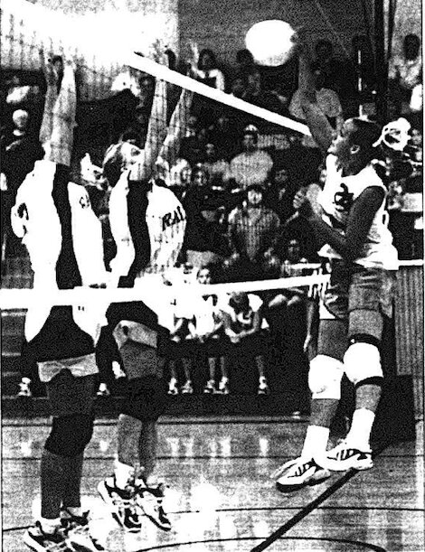 Southeast&rsquo;s Kilie Smith hits the game winner as Frontenac&rsquo;s Michelle Emerson and Megan Saia try for the block.