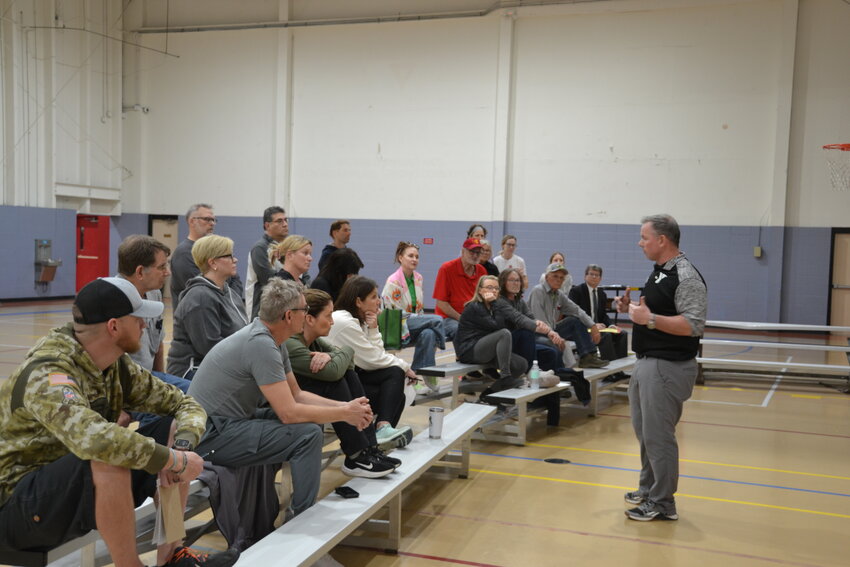 Pittsburg Family Y CEO Jeff Snyder speaks to long-time YMCA members gathered at the Y gymnasium on Monday to share their ideas and give input to the board of directors about the future direction of the facility. Members of the board of directors were in attendance to listen as members participated in a guided discussion mediated by PSU professor Natalie Bird.