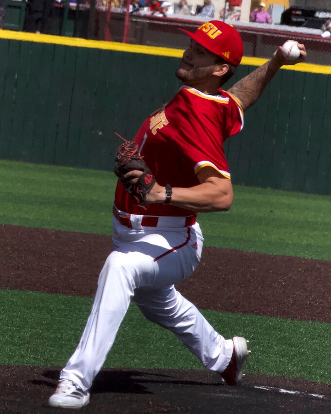 Pittsburg State pitcher Tanner Leslie fires one to the plate Sunday against Fort Hays State at Al Ortolani Field. BROCK SISNEY / THE MORNING SUN