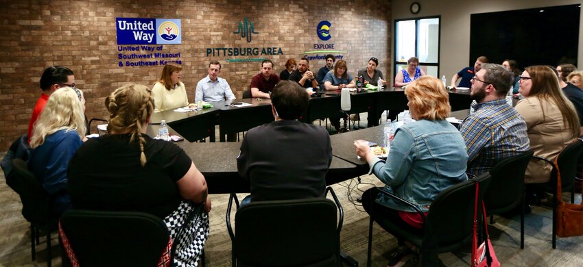 The Pittsburg Area Young Professionals held their monthly &ldquo;Lunch and Learn&rdquo; program Wednesday afternoon in the Pittsburg Area Chamber of Commerce office, hosting Pittsburg Mayor Dawn McNay, pictured underneath the United Way signage.