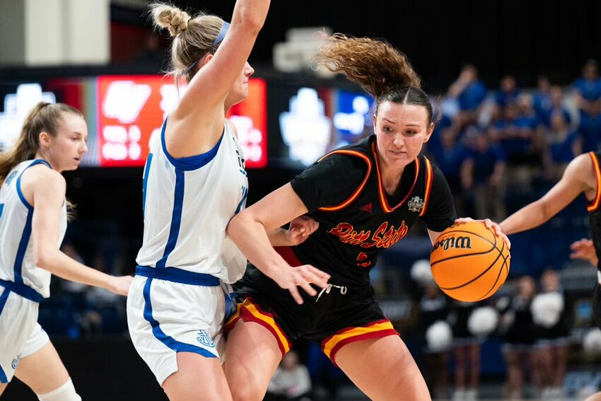 Pittsburg State's Karenna Gerber works inside against Grand Valley State's Rylie Bisballe during Wednesday night's national semifinal game in Pittsburgh, Pa.