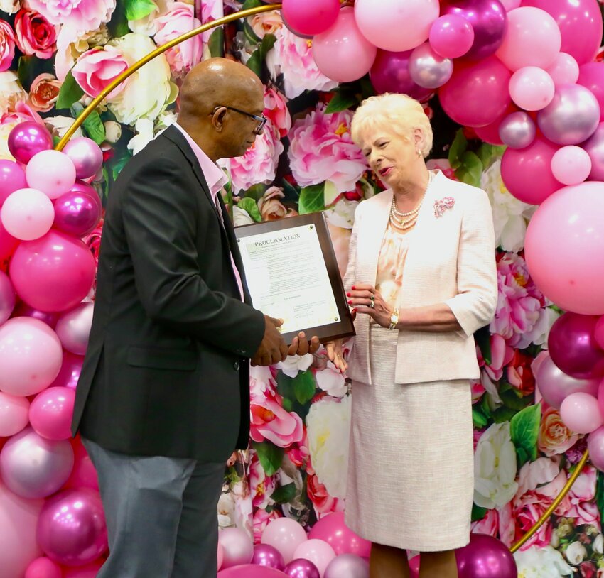 Freeman Health System President and Chief Executive Officer Paula Baker receives a proclamation from Joplin Mayor Keenan Cortez declaring March 28, 2025, as &ldquo;Paula Baker Day&rdquo; as part of Friday&rsquo;s retirement ceremony for Baker held at Freeman Hospital West.
