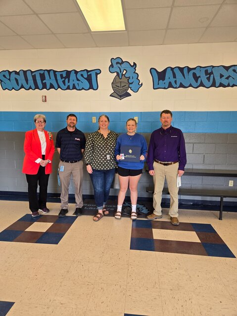 Cherokee USD 247.&nbsp; Mary Gilpin, Nick Hansen, Principal, Mary Colvin, 8th grade History Teacher, Grace Hildebrand, winner, Bryan Wycoff, Labette Bank, Cherokee.