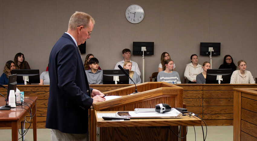 Attorney and PSU Adjunct Professor Steve Angermayer asks a witness questions during a mock trial for the Law Day event April 2. Students from area schools acted as jury members and were tasked with finding a verdict in a case involving theft.
