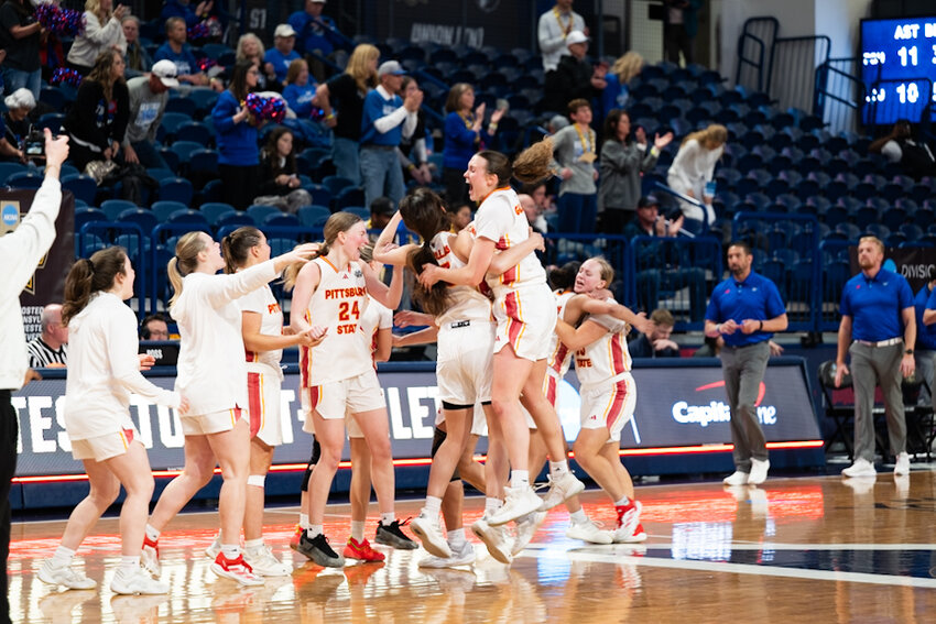 Pittsburg State, pictured celebrating its Elite Eight victory over Lubbock Christian, is No. 2 in the final WBCA NCAA Division II poll.