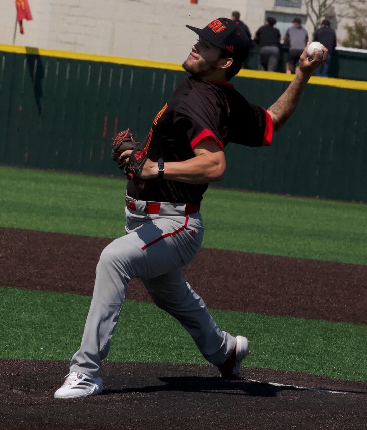 PSU senior pitcher Tanner Leslie fires one Monday afternoon against Newman at Al Ortolani Field. BROCK SISNEY / THE MORNING SUN