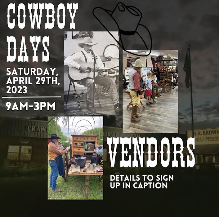 Giddy up, pardner! Get yourself to Cowboy Days Saturday, April 27th at 9 a.m. located at the Crawford County Historical Museum.&nbsp;