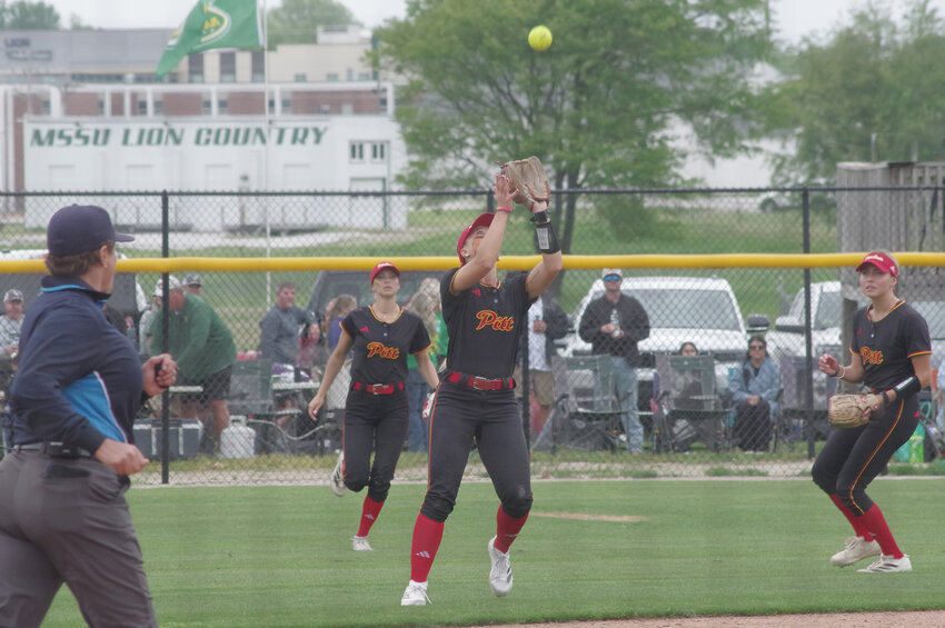 Pittsburg State shortstop Heather Arnett, fields a pop up in the third inning of the first game in a double header at Missouri Southern on Saturday.