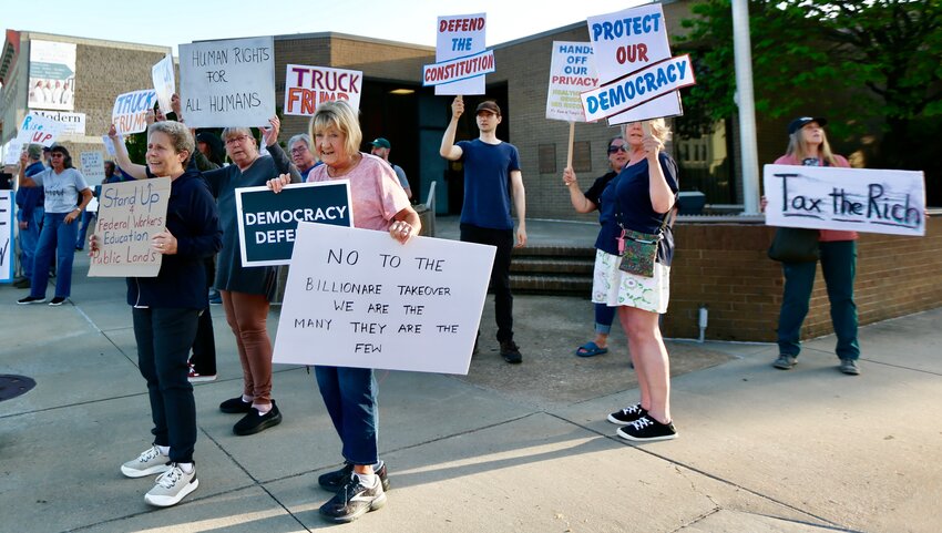 Amid chants of &ldquo;This is what democracy looks like!&rdquo; and &ldquo;No Trump! No KKK! No fascist USA!&rdquo; about 50 protesters gathered at 4th and Broadway Thursday evening in Pittsburg. According to Jackson Bertoncino of the Crawford County Democrats, the protest was to call attention to the accomplishments of the working class, despite attacks by the GOP to break unions. &ldquo;This is not what my dad fought for,&rdquo; said Mary Wehrman, whose father landed in Normandy during World War II.