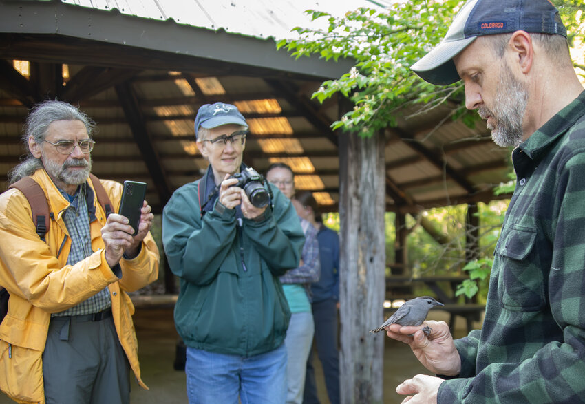 Professor Andrew George talks about a Gray Cat Bird that has been logged and banded at the Monahan Outdoor Education Center as members of the Sperry-Galligar Audubon Society look on, May 3.