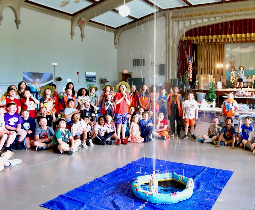 Making its way all the way to the ceiling of the Lakeside Auditorium, a man-made geyser awes students during Thursday&rsquo;s Yellowstone simulation.