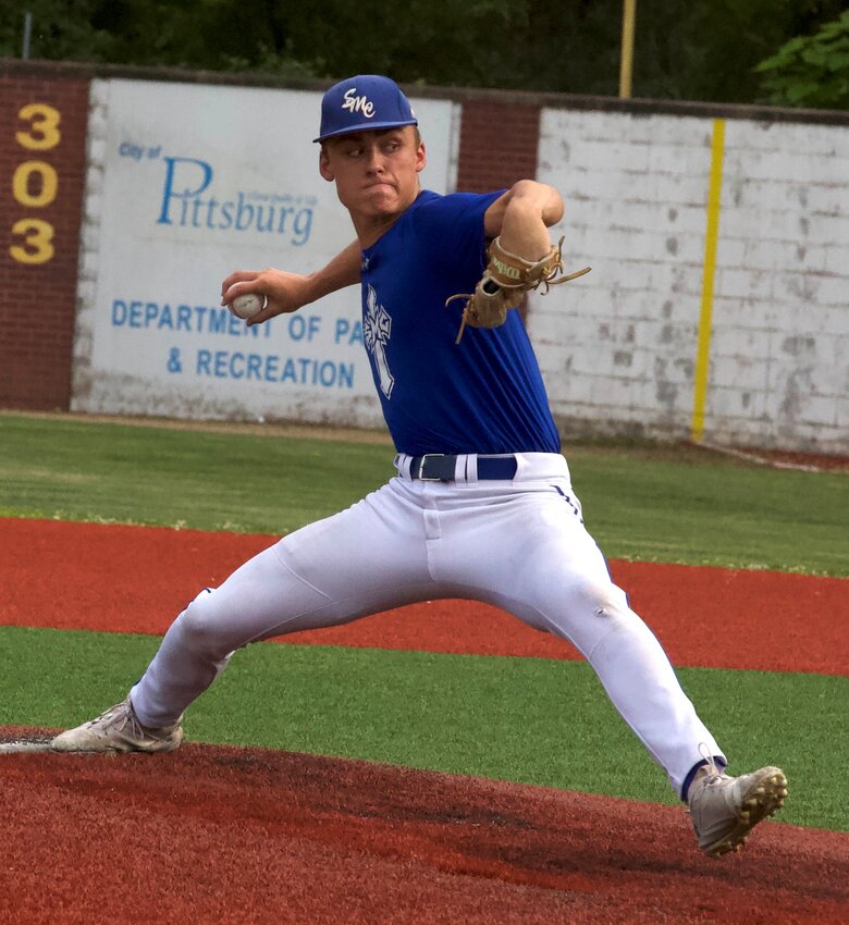 St. Mary&rsquo;s Colgan senior Brady VanBecelaere fires a pitch Wednesday against Pleasanton at historic Jaycee Ballpark. BROCK SISNEY / THE MORNING SUN