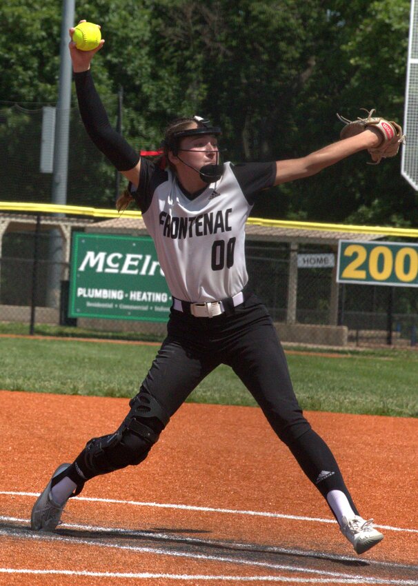 Frontenac senior Avery Johnson fires to the plate in a Class 3A state semifinal game May 30 against Riverside at the Envista Softball Complex in Topeka. BROCK SISNEY / THE MORNING SUN