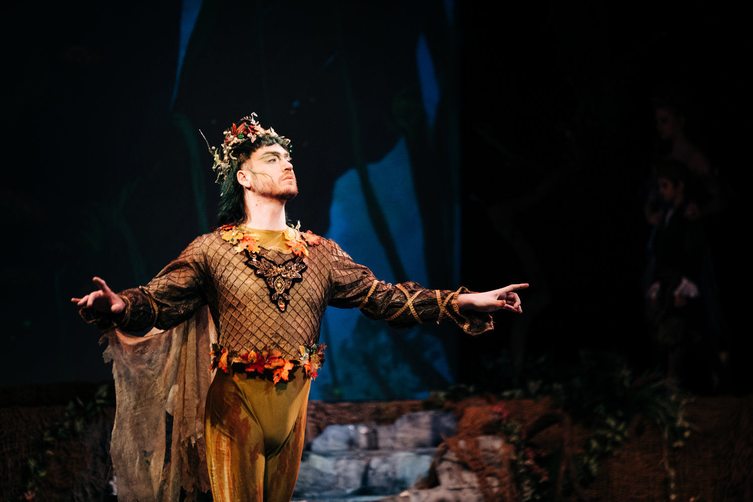 Oberon, king of the fairies, played by Elijah Ochoa, performs on stage during Midwest Regional Ballet’s performance of “A Midsummer Night’s Dream” at Memorial Auditorium on Saturday, April 23.