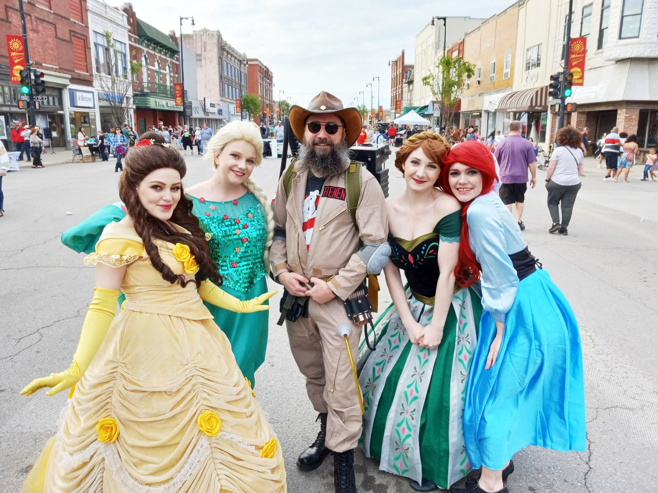 Some attendees dressed up for the Pittsburg ArtWalk, including Michael Fienen, center, in full Ghostbusters regalia, as well as several local princesses.