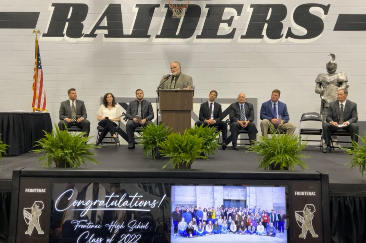 Frontenac High School Principal Mike Copple speaks at the FHS 2022 Graduation Ceremony. “I want to thank everyone for being here today to help us celebrate a momentous time for the students before me as they get ready to take a gigantic step on their journey through life,” Copple said.