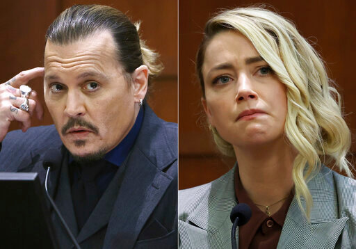 This combination of photos shows actor Johnny Depp testifying at the Fairfax County Circuit Court in Fairfax, Va., on April 21, 2022, left, and actor Amber Heard testifying in the same courtroom on May 26, 2022. The judge in the Johnny Depp-Amber Heard defamation trial made a jury's award official Friday with a written order for Heard to pay Depp $10.35 million for damaging his reputation by describing herself as a domestic abuse victim in an op-ed piece she wrote. (AP Photo)
