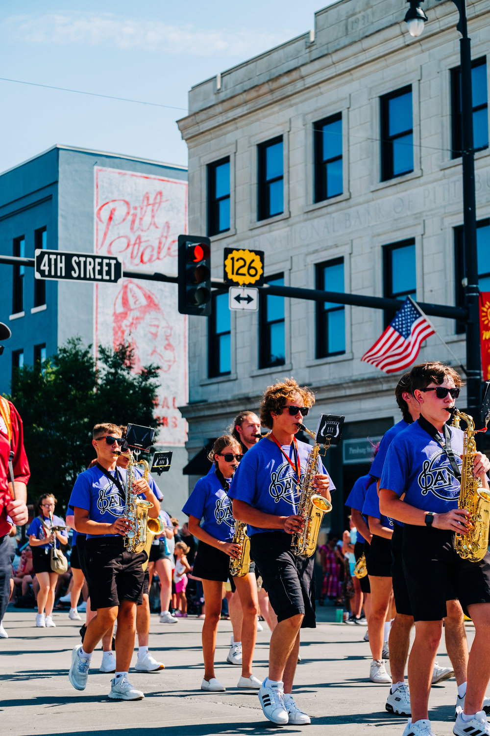 The Kansas Masonic Marching Band participates in the Shrine Bowl parade on Saturday, July 23.