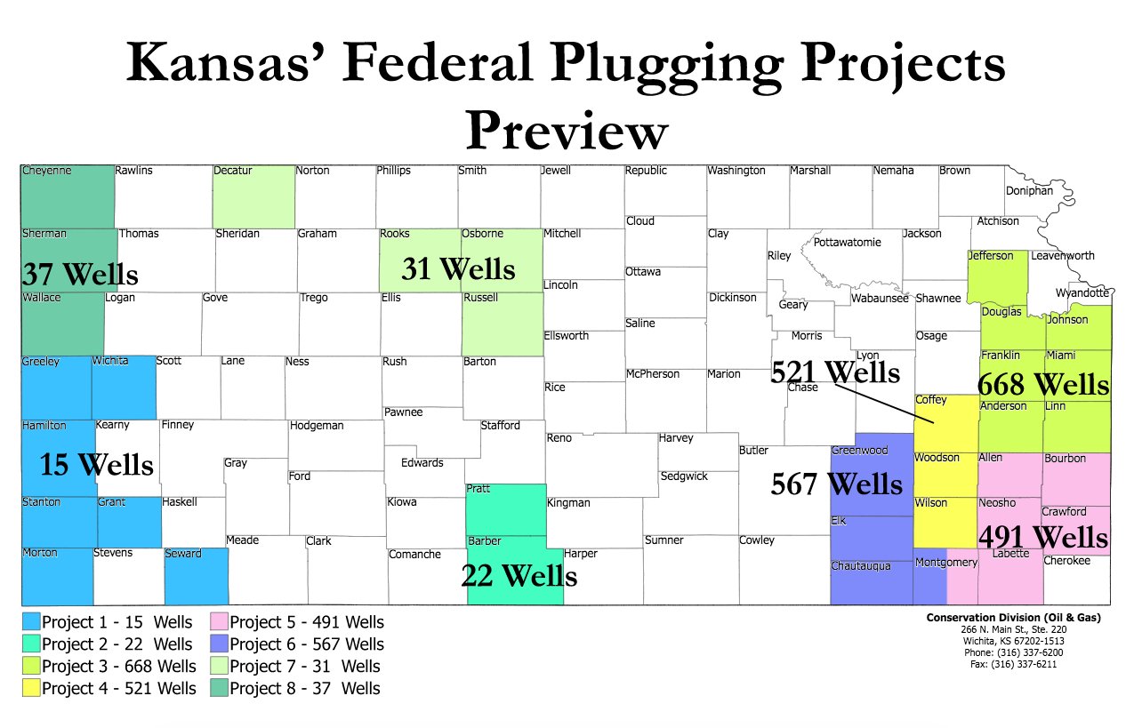 This map shows the eight projects, totaling 2,352 abandoned oil and gas wells statewide, to be plugged using $25 million in federal grant funding.