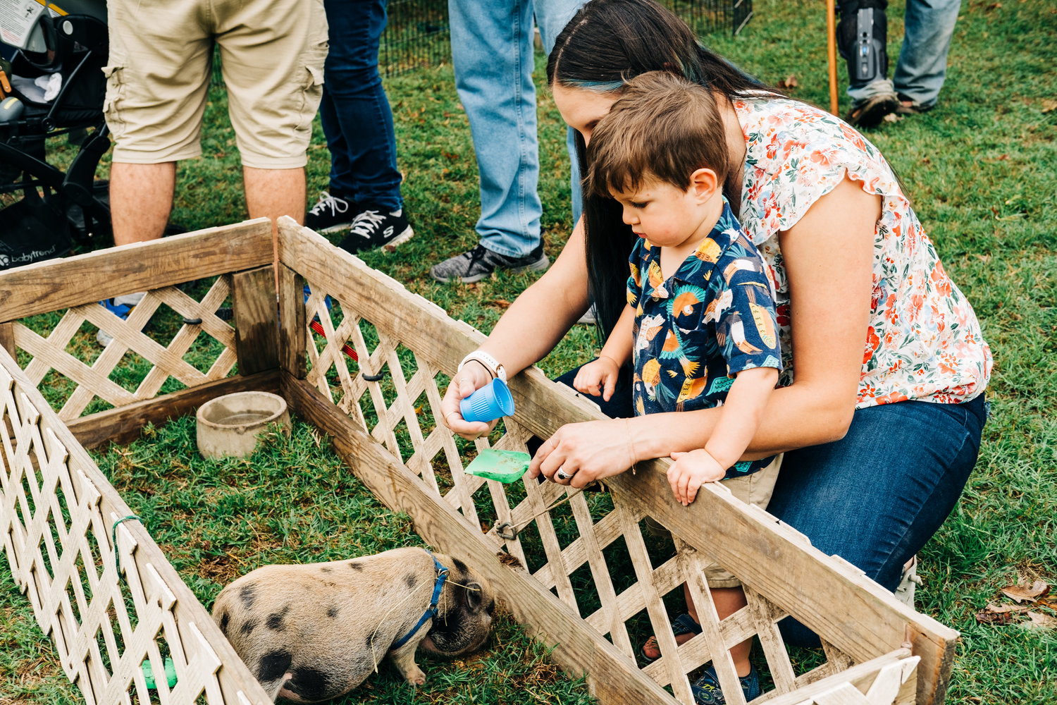 Leopold Houser, 1 1/2, and his mother Rebekah Houser feed a petting zoo pig at Lincoln Park during Little Balkans Days on Saturday.