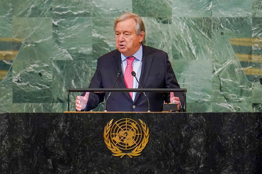 United Nations Secretary-General Antonio Guterres addresses the 77th session of the General Assembly at U.N. headquarters Tuesday, Sept. 20, 2022. (AP Photo/Mary Altaffer)