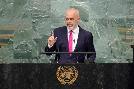 Prime Minister of Albania Edi Rama addresses the 77th session of the United Nations General Assembly, Saturday, Sept. 24, 2022 at U.N. headquarters. (AP Photo/Mary Altaffer)