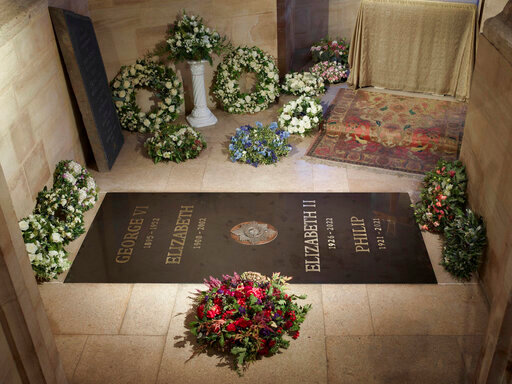 This photo provided by Buckingham Palace on Saturday Sept. 24, 2022 shows the ledger stone at the King George VI Memorial Chapel, St George's Chapel, Windsor Castle in Windsor, England. (Royal Collection Trust/The Dean and Canons of Windsor, PA via AP)