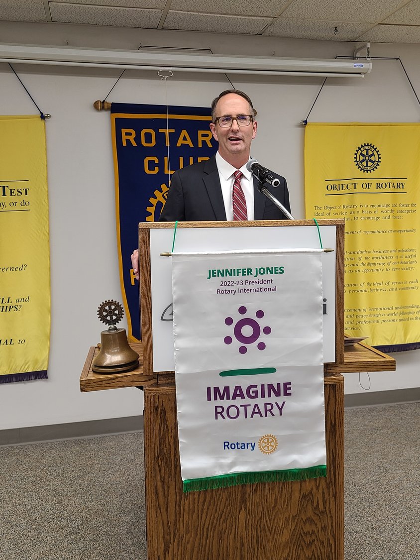 Pittsburg State University President Dr. Daniel Shipp talks about his plans for the university at Pittsburg Noon Rotary Club’s meeting on Tuesday.