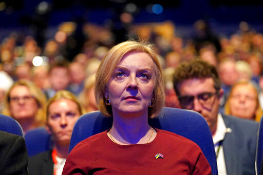 British Prime Minister Liz Truss at the Conservative Party annual conference at the International Convention Centre in Birmingham, England, Sunday Oct. 2, 2022. (Stefan Rousseau/PA via AP)